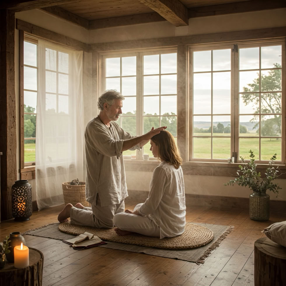 Wolfgang Pachatz bei einer Reiki-Behandlung in seiner Praxis in Marbach an der Donau