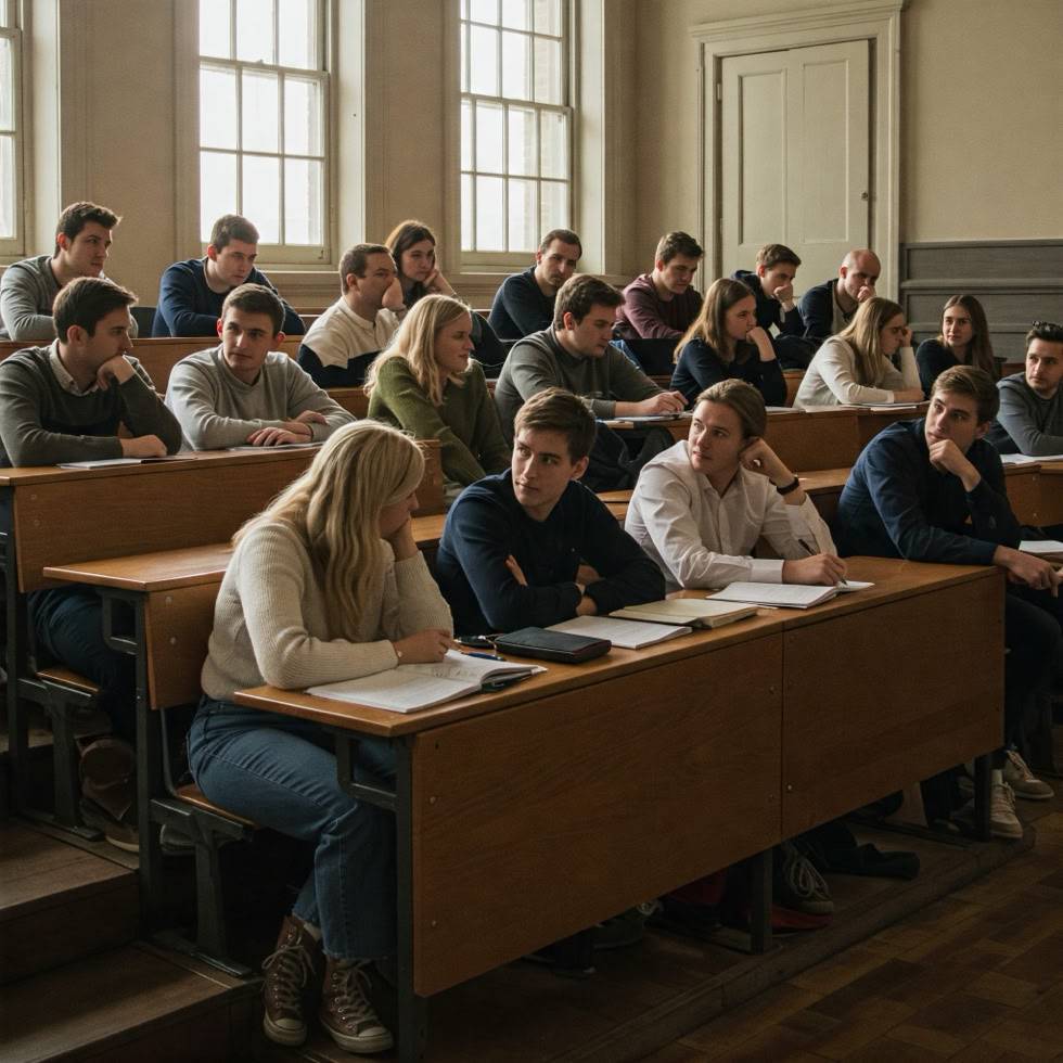Junge Menschen sitzen auf der Universität und diskutieren miteinander.
