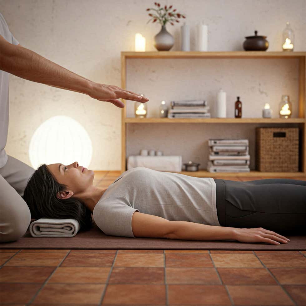 Gewichtszunahme Menopause, Wechselbeschwerden Ein Reikimeister legt seine Hände in die Nähe des Kopfes einer Frau.