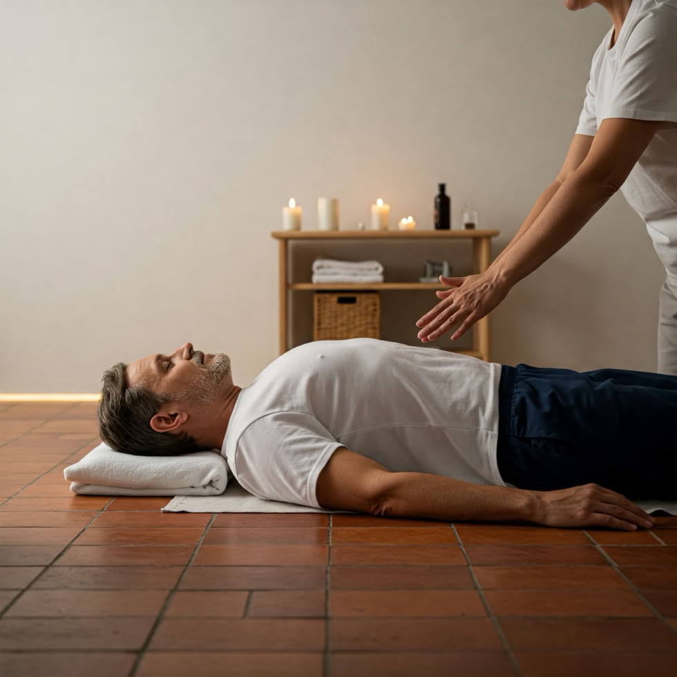 Wolfgang Pachatz bei einer Reiki-Anwendung in seiner Praxis in Marbach an der Donau
